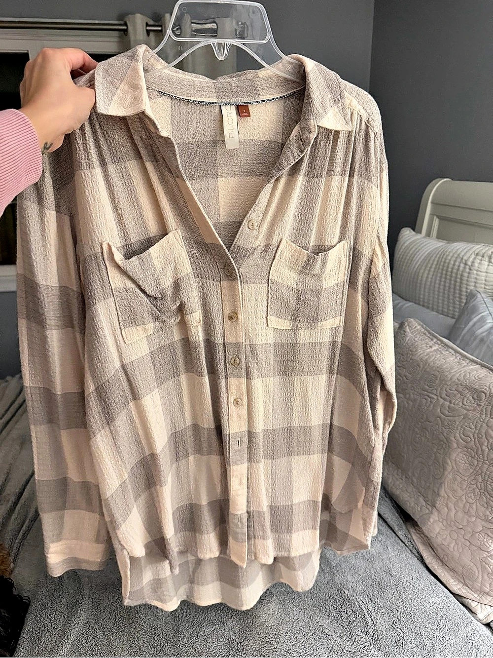 Pilcro Plaid Button Down Shirt in Beige & Gray